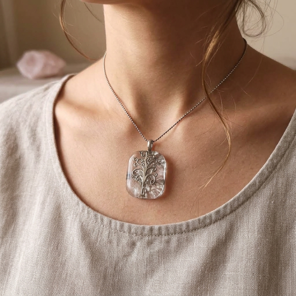 Pendentif Arbre de Vie en résine et quartz rose porté avec chaîne argentée en acier inoxydable.
