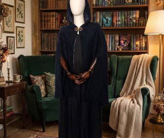 Cape féerique bleu marine en laine pour femme, modèle Jardin d'Hiver avec doublure fleurie dorée, création artisanale pièce unique. Dans un salon