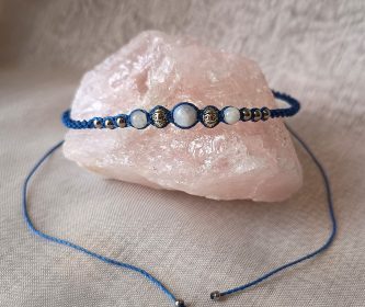Diadème collier micro macramé bleu ajustable avec pierres de lune collection Moon Star.