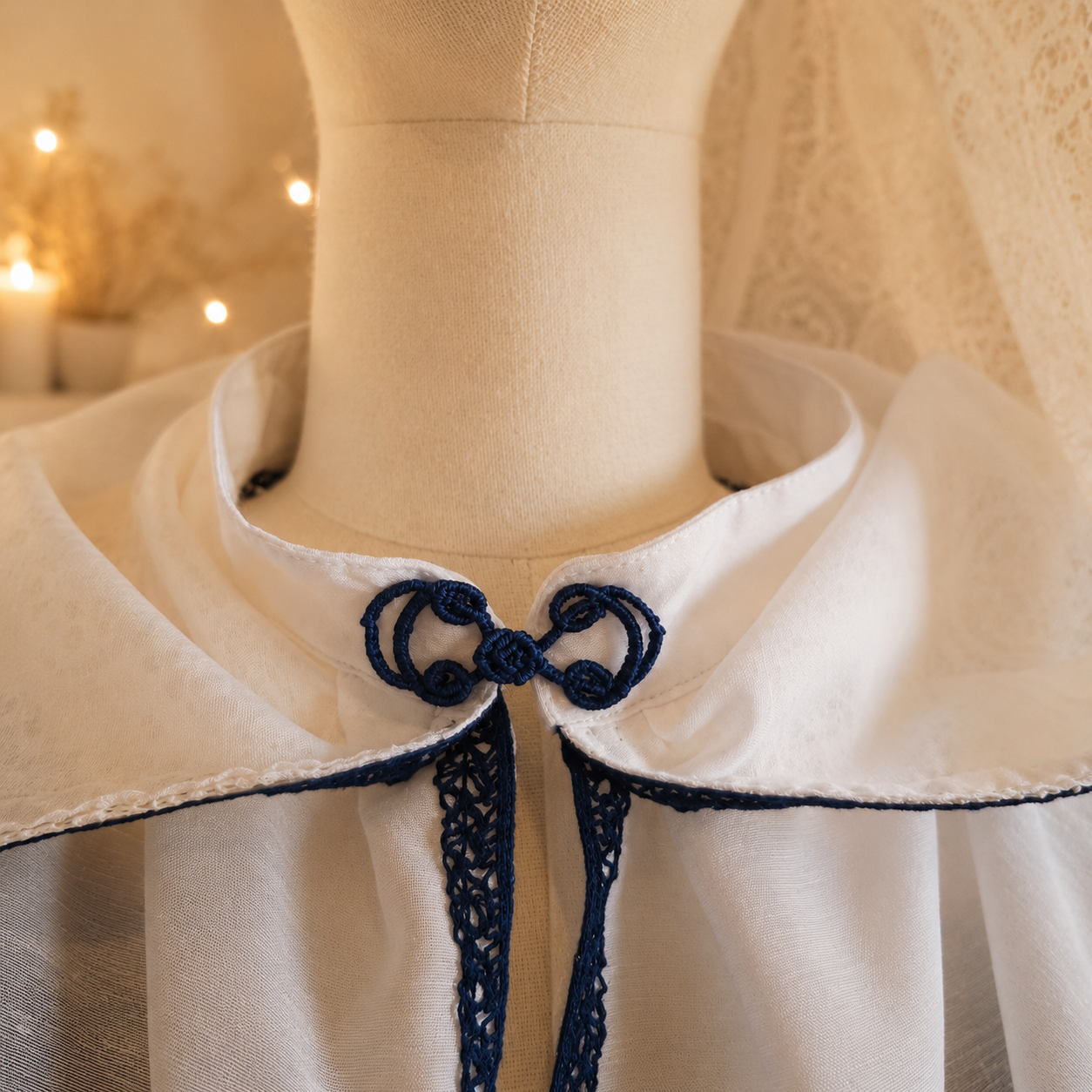 Gros plan sur le brandebourg bleu en micro-macramé et le col en voilage blanc de la cape féerique Ondine.