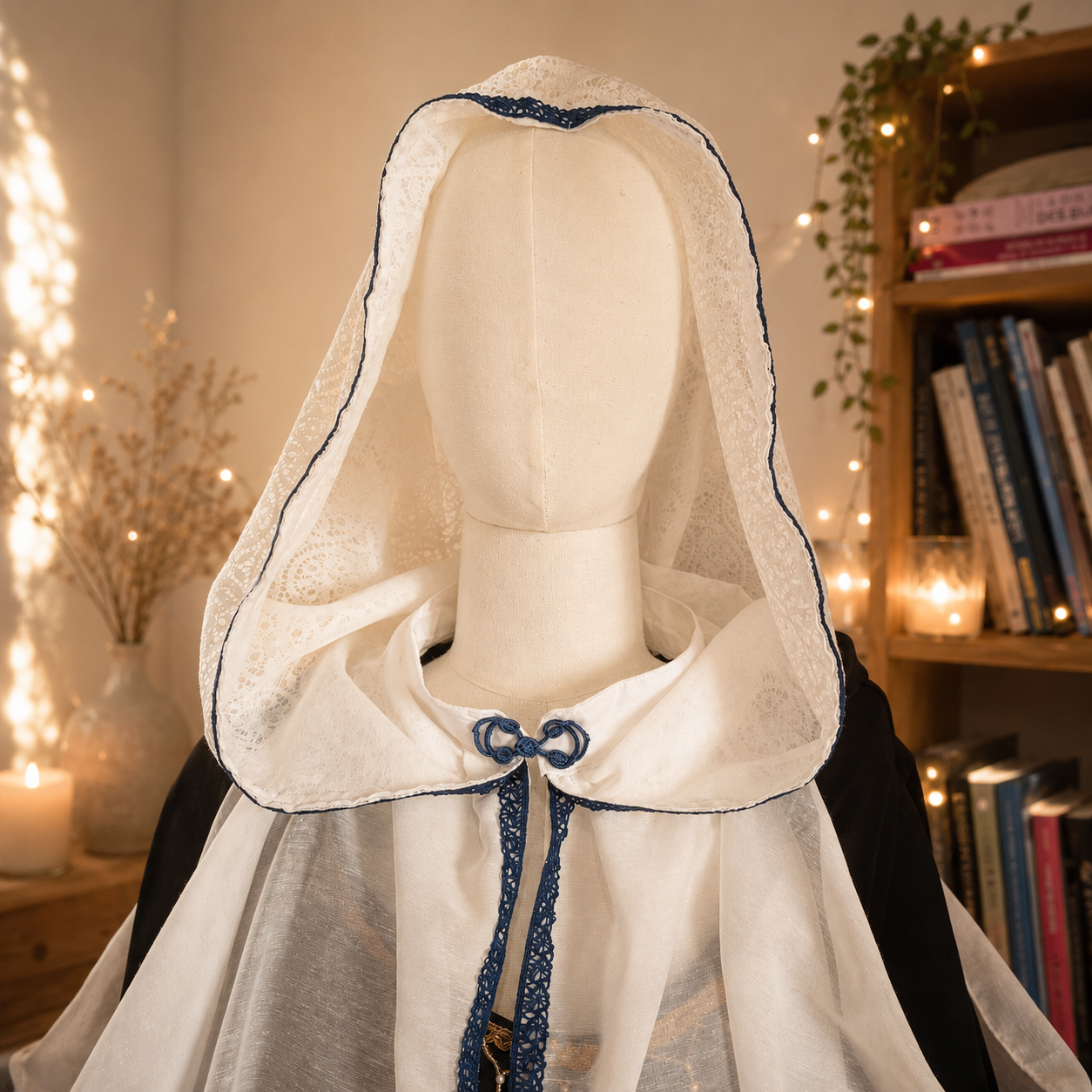 Gros plan de face sur la capuche en dentelle blanche soulignée de bleu et le fermoir de la cape Ondine.
