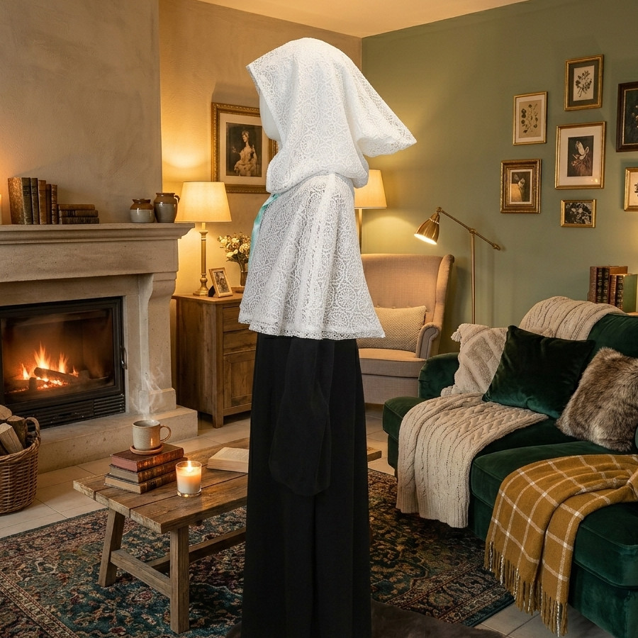 Capelet féerique blanc Nymphéa avec capuche en dentelle et voilage vintage porté sur un mannequin dans un intérieur chaleureux. Vue de profil