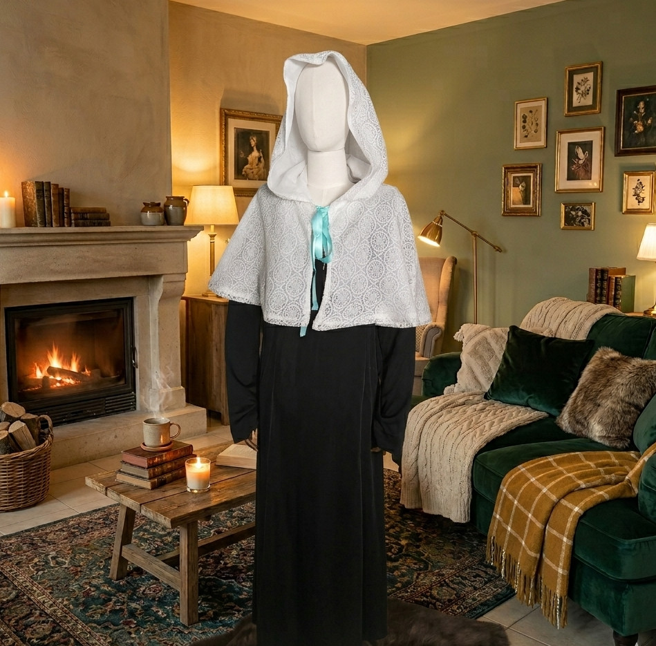 Capelet féerique blanc Nymphéa avec capuche en dentelle et voilage vintage porté sur un mannequin dans un intérieur chaleureux.
