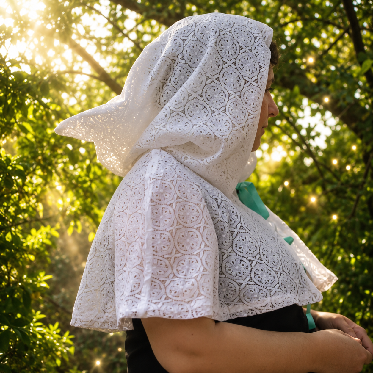 Profil du capelet féerique Nymphéa en voilage et dentelle blanche, révélant le travail de la capuche sur fond de nature.